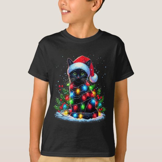 Black Cat Christmas Santa Hat Funny Meowy Cats  T-shirt (Voorkant)