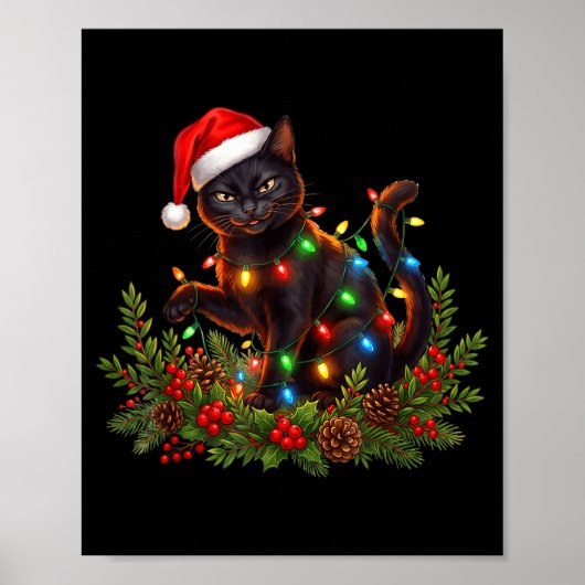 Black Cat Christmas Santa Hat Funny Meowy Cats Wom Poster (Voorkant)
