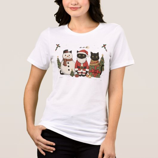 Black Cat Christmas Santa Snowman Cute Gift Tri-Blend Shirt (Voorkant)