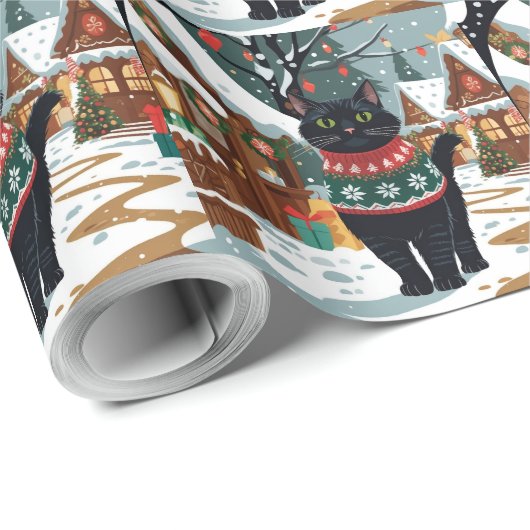 Black Cat Christmas Snow Holiday Cadeaupapier (Rol Hoek)