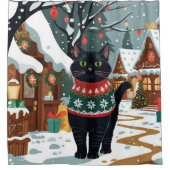 Black Cat Christmas Snow Holiday Douchegordijn (Voorkant)