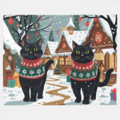 Black Cat Christmas Snow Holiday Fleece Deken (Voorkant (Horizontaal))