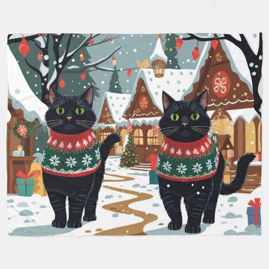 Black Cat Christmas Snow Holiday Fleece Deken (Voorkant (Horizontaal))