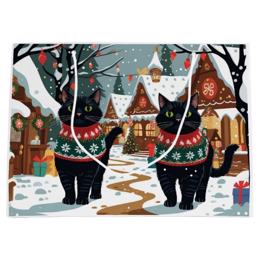 Black Cat Christmas Snow Holiday Groot Cadeauzakje (Voorkant)