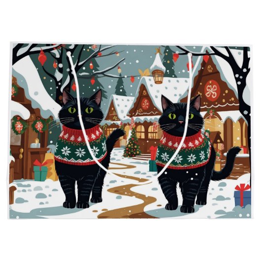 Black Cat Christmas Snow Holiday Groot Cadeauzakje (Achterkant)