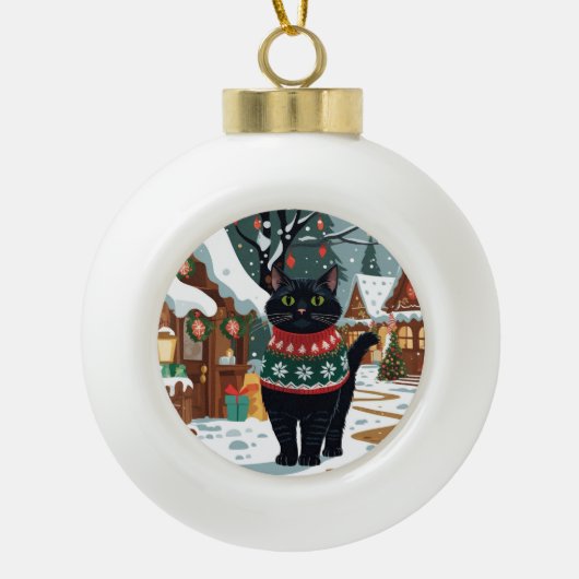 Black Cat Christmas Snow Holiday Keramische Bal Ornament (Voorkant)