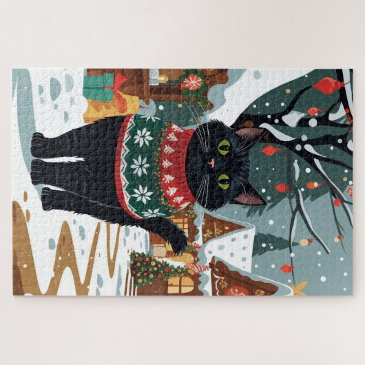 Black Cat Christmas Snow Holiday Legpuzzel (Horizontaal)