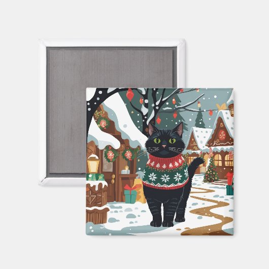 Black Cat Christmas Snow Holiday Magneet (Voorkant / Achterkant)