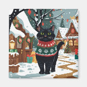 Black Cat Christmas Snow Holiday Magneet (Voorkant)