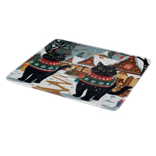 Black Cat Christmas Snow Holiday Snijplank (Hoek)