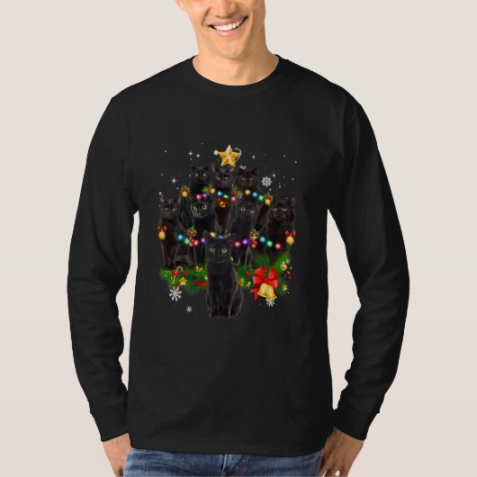Black Cat Christmas Tree Lights Cats Lover T-shirt (Voorkant)