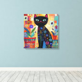 Black Cat Colorful and Whimsical Artwork, Canvas Afdruk (Insitu (Houten vloer))
