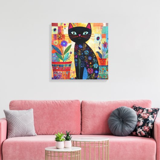 Black Cat Colorful and Whimsical Artwork, Canvas Afdruk (Insitu (Woonkamer))