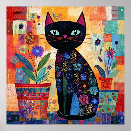 Black Cat Colorful and Whimsical Artwork, Poster (Voorkant)