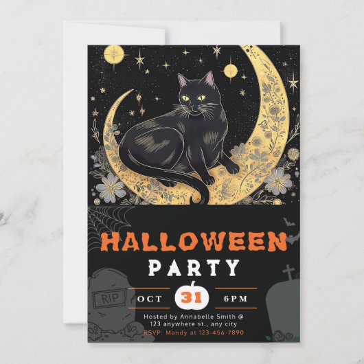 Black Cat Crescent Moon Floral Black Halloween Kaart (Voorkant)