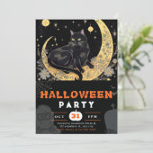 Black Cat Crescent Moon Floral Black Halloween Kaart (Staand voorkant)