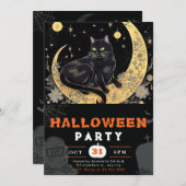 Black Cat Crescent Moon Floral Black Halloween Kaart (Voorkant / Achterkant)