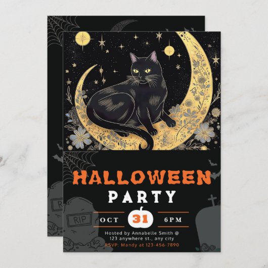 Black Cat Crescent Moon Floral Black Halloween Kaart (Voorkant / Achterkant)