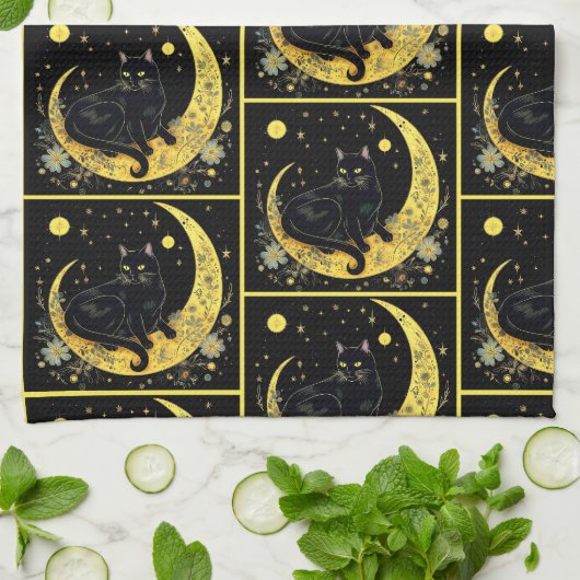 Black Cat Crescent Moon Floral Gold Halloween Theedoek (Gevouwen)