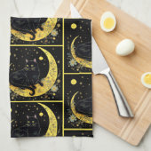 Black Cat Crescent Moon Floral Gold Halloween Theedoek (Quarter Fold)