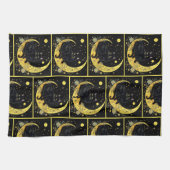 Black Cat Crescent Moon Floral Gold Halloween Theedoek (Horizontaal)