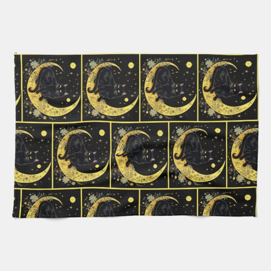 Black Cat Crescent Moon Floral Gold Halloween Theedoek (Horizontaal)