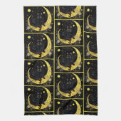 Black Cat Crescent Moon Floral Gold Halloween Theedoek (Verticaal)