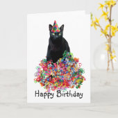 Black Cat Curly Ribbons Verjaardag Kaart (Gele Bloem)