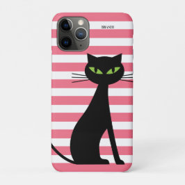 Black Cat & Custom Name Pink Stripes Modern Case-Mate iPhone Case