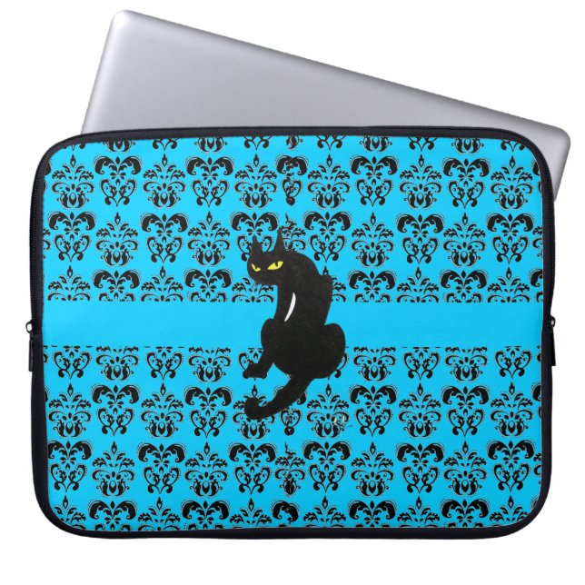 BLACK CAT DAMASK blauw zwart Laptop Sleeve (Voorkant)