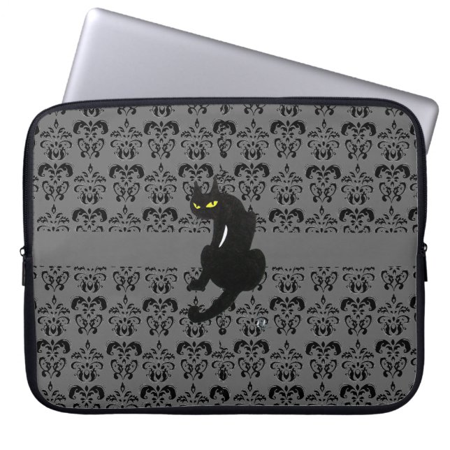 BLACK CAT DAMASK zwart grijs Laptop Sleeve (Voorkant)