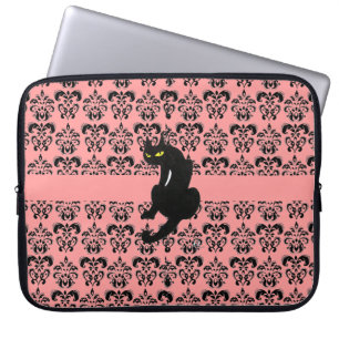 BLACK CAT DAMASK zwart roze Laptop Sleeve