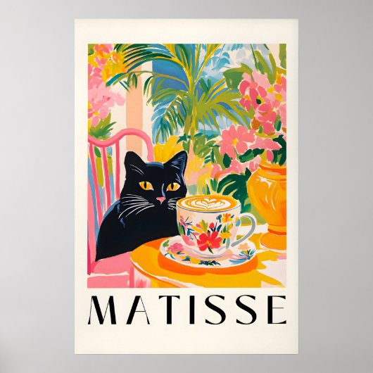 Black Cat Drinking Coffee Funny Matisse Style Poster (Voorkant)