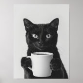 Black Cat Drinking Coffee Wall Art, Black and Whit Poster (Voorkant)