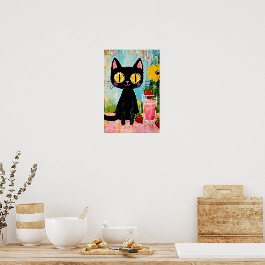 Black Cat Drinking Strawberry Juice Poster (Keuken)