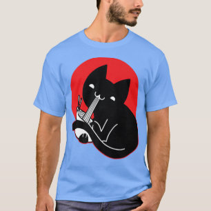 Black Cat Eating Ramen noodle Kawaii Anime Clothes T-shirt