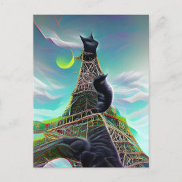 Black Cat Eiffel Tower Surreal Twilight Paris Moon Briefkaart