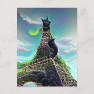 Black Cat Eiffel Tower Surreal Twilight Paris Moon Briefkaart