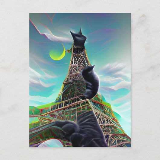 Black Cat Eiffel Tower Surreal Twilight Paris Moon Briefkaart (Voorkant)