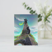Black Cat Eiffel Tower Surreal Twilight Paris Moon Briefkaart (Staand voorkant)