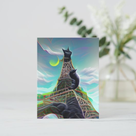 Black Cat Eiffel Tower Surreal Twilight Paris Moon Briefkaart (Staand voorkant)