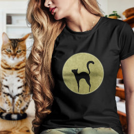 Black Cat Elegant silhouet en Maan Minimalist T-shirt