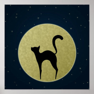 Black cat elegant silhouette and moon poster