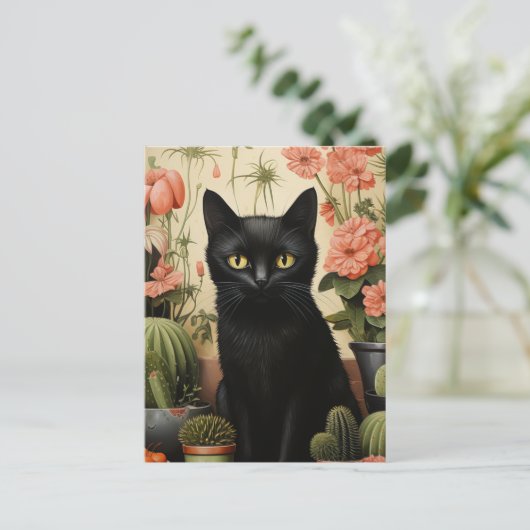 Black Cat en Cactus Planten Briefkaart (Staand voorkant)