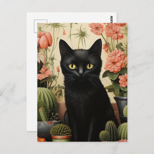 Black Cat en Cactus Planten Briefkaart (Voorkant / Achterkant)