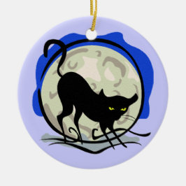 Black Cat en Full Moon Blue Background, ZSSG Keramisch Ornament