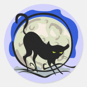 Black Cat en Full Moon Blue Background, ZSSG Ronde Sticker