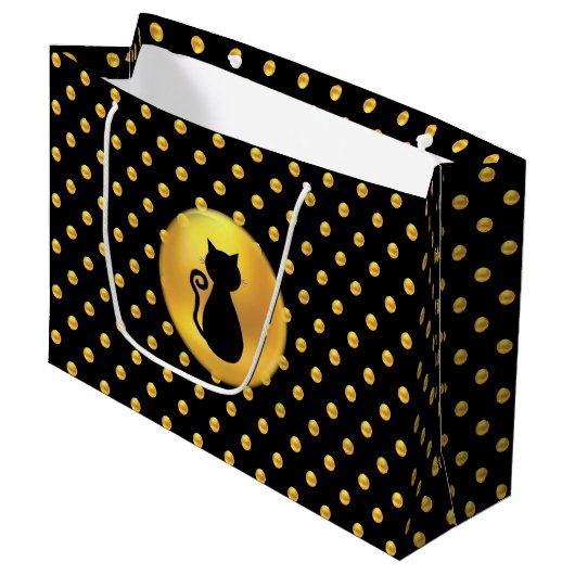 Black Cat en Gold Polka Dots Groot Cadeauzakje (Voorkant Gekanteld)