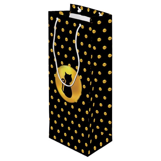 Black Cat en Gold Polka Dots Wijn Cadeautas (Achterkant Gekanteld)