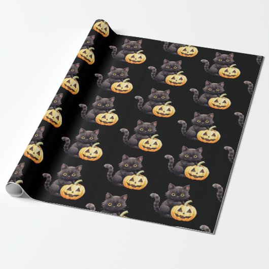 Black Cat en Jack-O' lantaarnpatroon Halloween Cadeaupapier (Uitgerold)